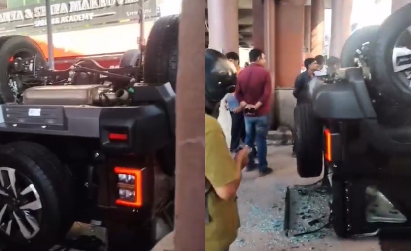 नींबू पर चढ़ाना था थार पहिला... पर महिला ने शोरूम का शीशा तोड़ते हुए नीचे ही कुदा दी गाड़ी