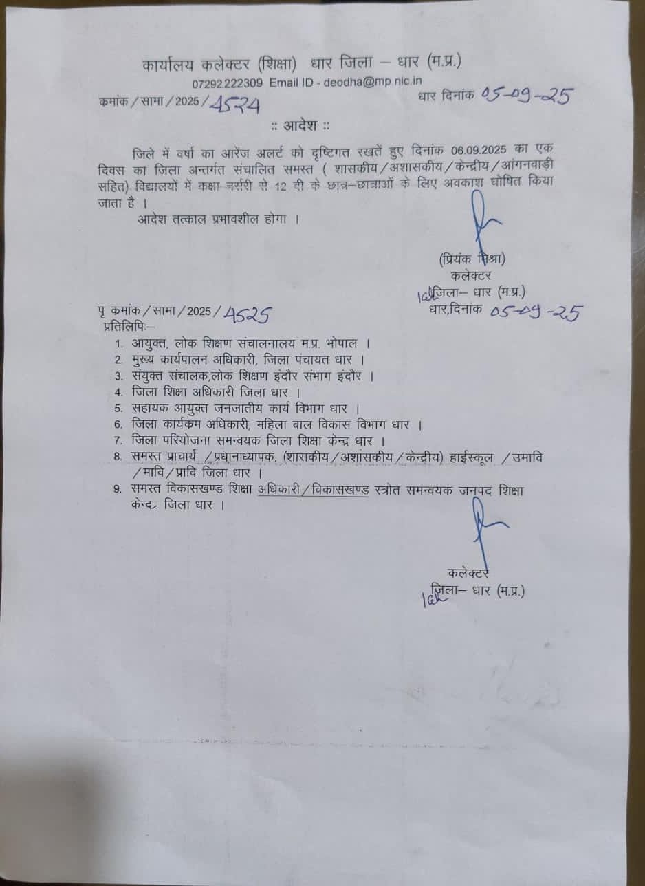 धार जिला कलेक्टर ने जारी किया आदेश धार जिला कलेक्टर ने जारी किया आदेश