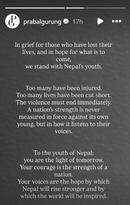 A screenshot of Prabal Gurungs Instagram Story. A screenshot of Prabal Gurungs Instagram Story.