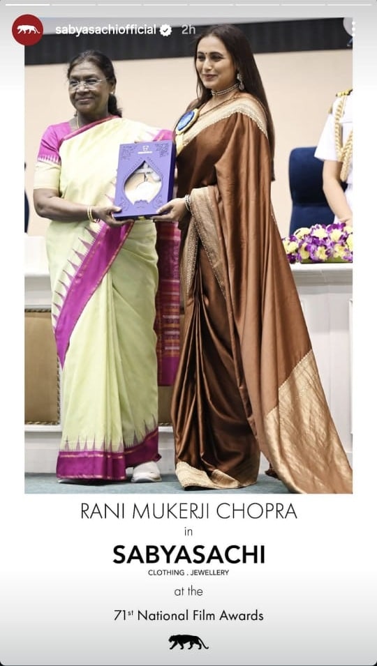 Rani Mukerji in a custom Sabyasachi saree at the 71st National Film Awards. (Photo: Sabyasachi) Rani Mukerji in a custom Sabyasachi saree at the 71st National Film Awards. (Photo: Sabyasachi)