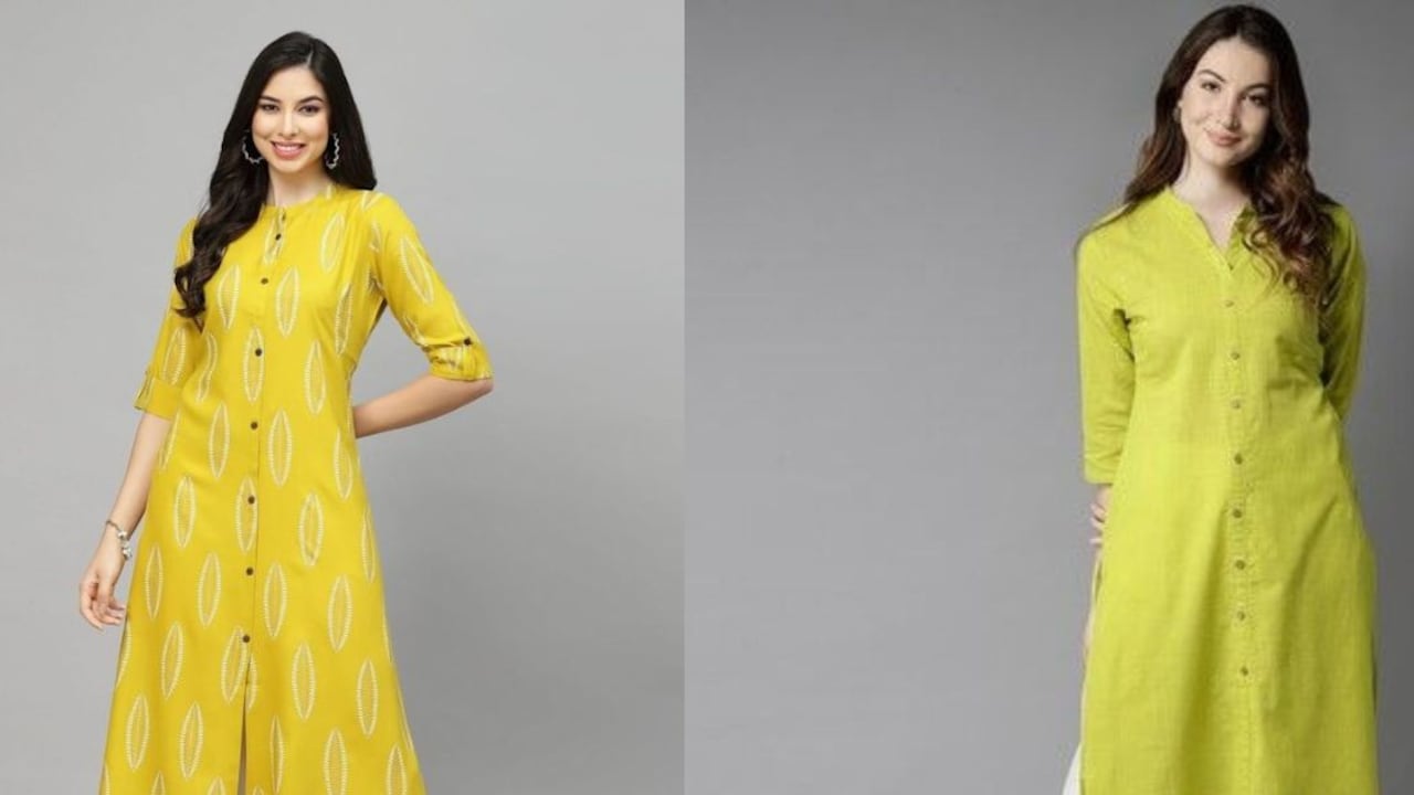 Celebrate the 4th day of Navratri with a vibrant yellow ethnic kurti set for women