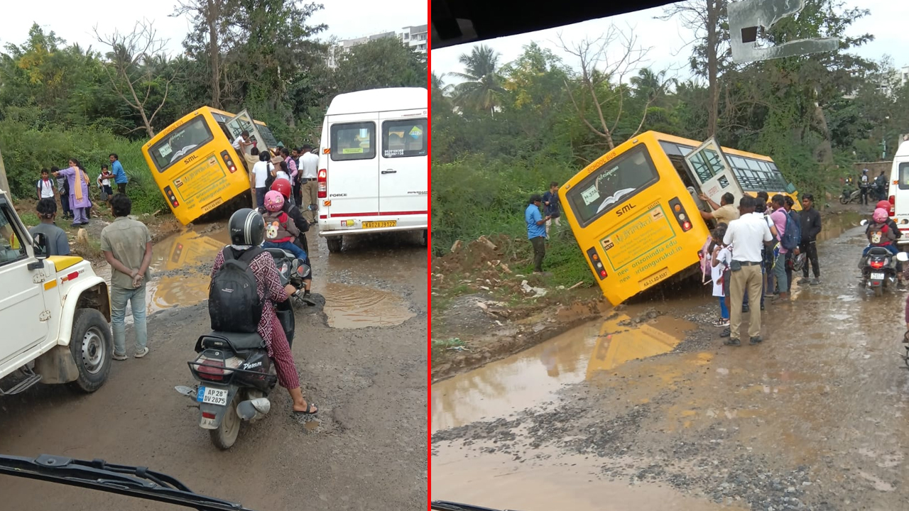 School Bus Slips In Slush In Key Bengaluru Road, Locals Rescue Children