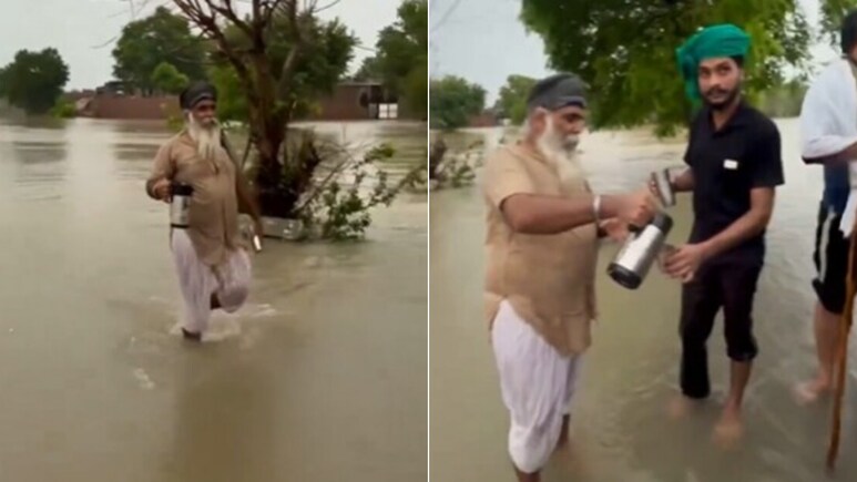 बाढ़ प्रभावित पंजाब में दिखा अनोखा नज़ारा, राहत सामग्री बांटने आए लोगों को बेघर हो चुके बाबा पिला रहे चाय