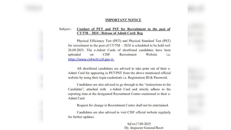CISF ने कांस्टेबल ट्रेड्समैन के पदों पर भर्ती को लेकर PST PET परीक्षा का एडमिट कार्ड किए जारी ....