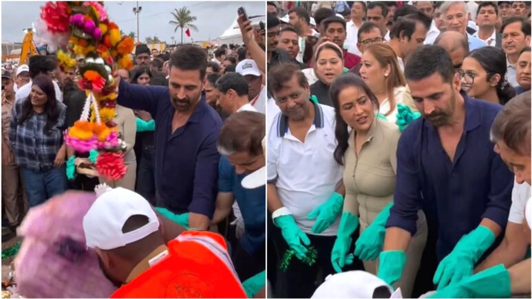 Akshay Kumar And Amruta Fadnavis Join Juhu Beach Clean-Up Drive After Ganpati Visarjan Akshay Kumar And Amruta Fadnavis Join Juhu Beach Clean-Up Drive After Ganpati Visarjan