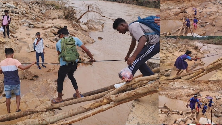 Bastar Flood: बाढ़ की तबाही से पुल टूट गया, तार के सहारे जोखिम उठाकर बच्चे पढ़ने को हैं मजबूर Bastar Flood: बाढ़ की तबाही से पुल टूट गया, तार के सहारे जोखिम उठाकर बच्चे पढ़ने को हैं मजबूर