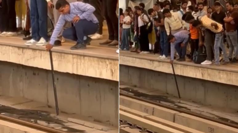 रैपिड मेट्रो स्टेशन के ट्रैक पर गिरा शख्स का मोबाइल, Video में देखें कितनी मशक्कत से लाया गया वापस  