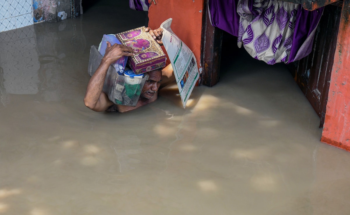 A resident carrying essentials wades through neck deep waters following flooding of the Yamuna Ghat (ANI) A resident carrying essentials wades through neck deep waters following flooding of the Yamuna Ghat (ANI)