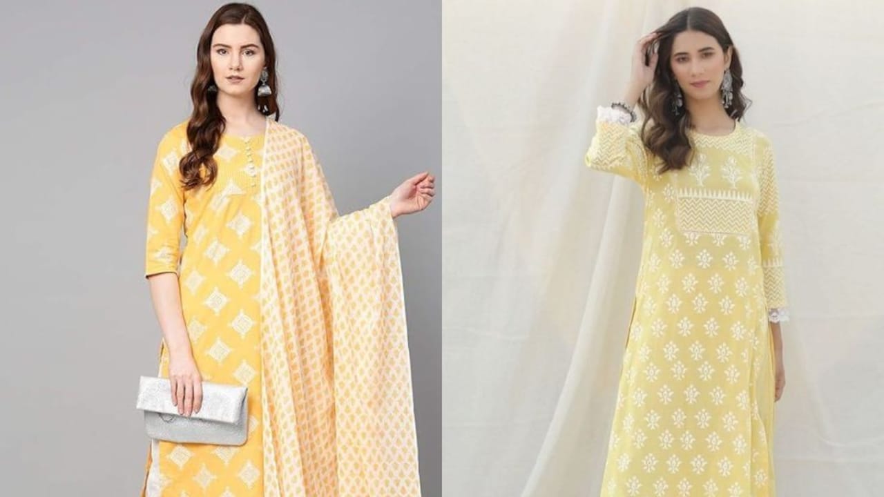 Celebrate the 4th day of Navratri with a vibrant yellow ethnic kurti set for women