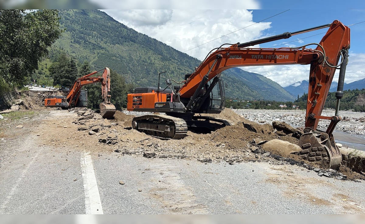 A portion of Kullu-Manali national highway was damaged after flash floods and heavy rains. A portion of Kullu-Manali national highway was damaged after flash floods and heavy rains.