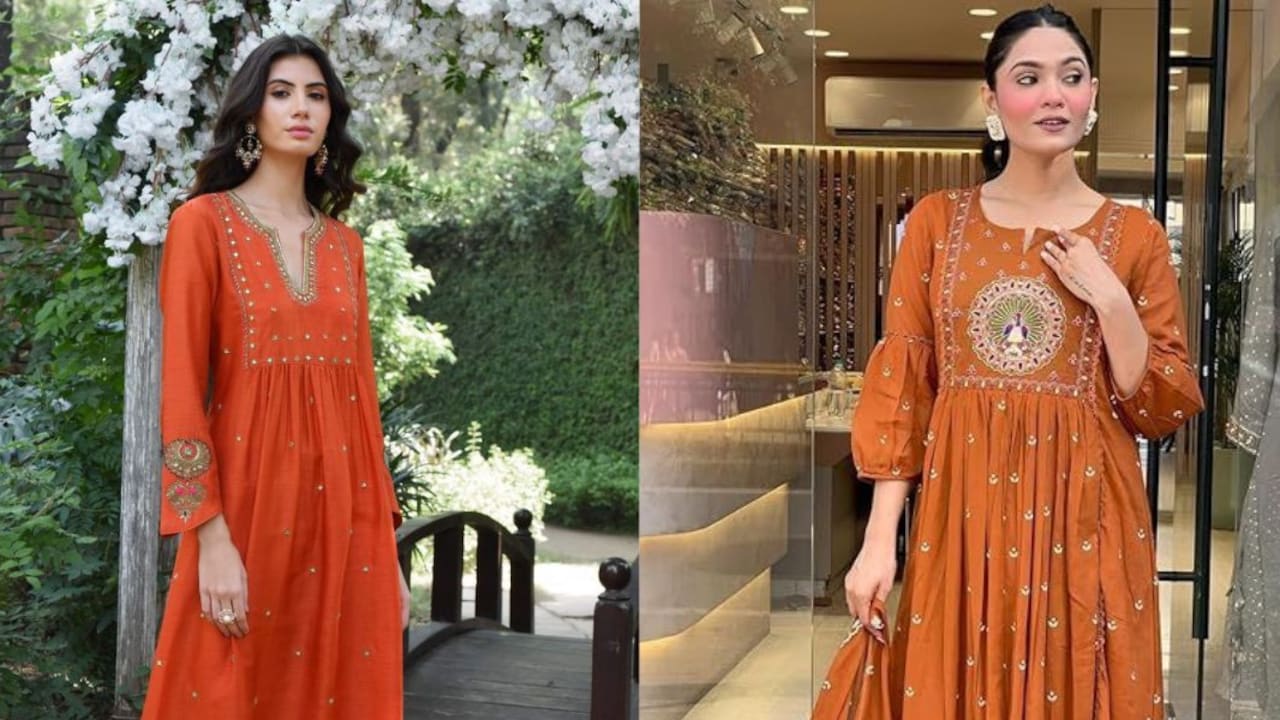 Get stylish ethnic orange kurti sets for women to uplift the festive look