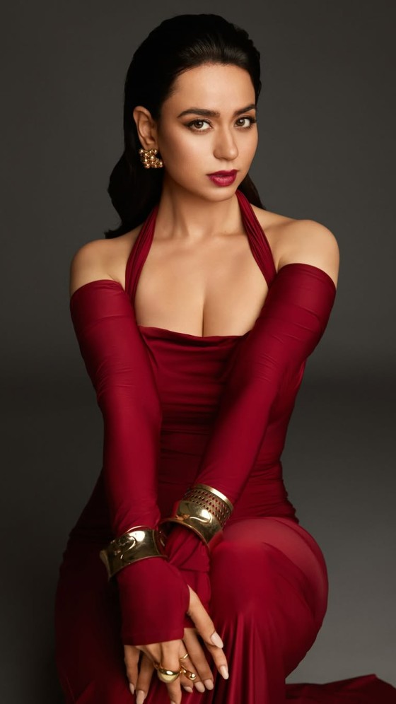 Soundarya Sharma Turns Heads in Deep Crimson Dress