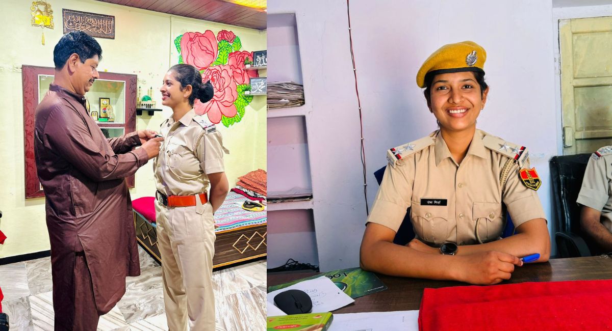 जेबा की वर्दी में नेमप्लेट लगाते उसके पिता. जेबा की वर्दी में नेमप्लेट लगाते उसके पिता.