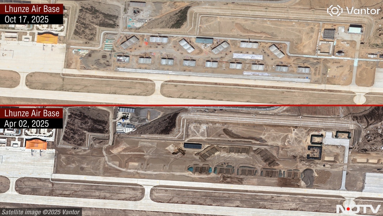 Image of Lhunze air base dated October 17, 2025 shows 36 completed hardened air shelters. Image below dated April 2, 2025 shows earthworks were underway Image of Lhunze air base dated October 17, 2025 shows 36 completed hardened air shelters. Image below dated April 2, 2025 shows earthworks were underway
