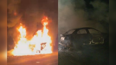 ‘द बर्निंग कार’! जाम में फंसी स्विफ्ट डिजायर में लगी आग, बाल-बाल बचा परिवार