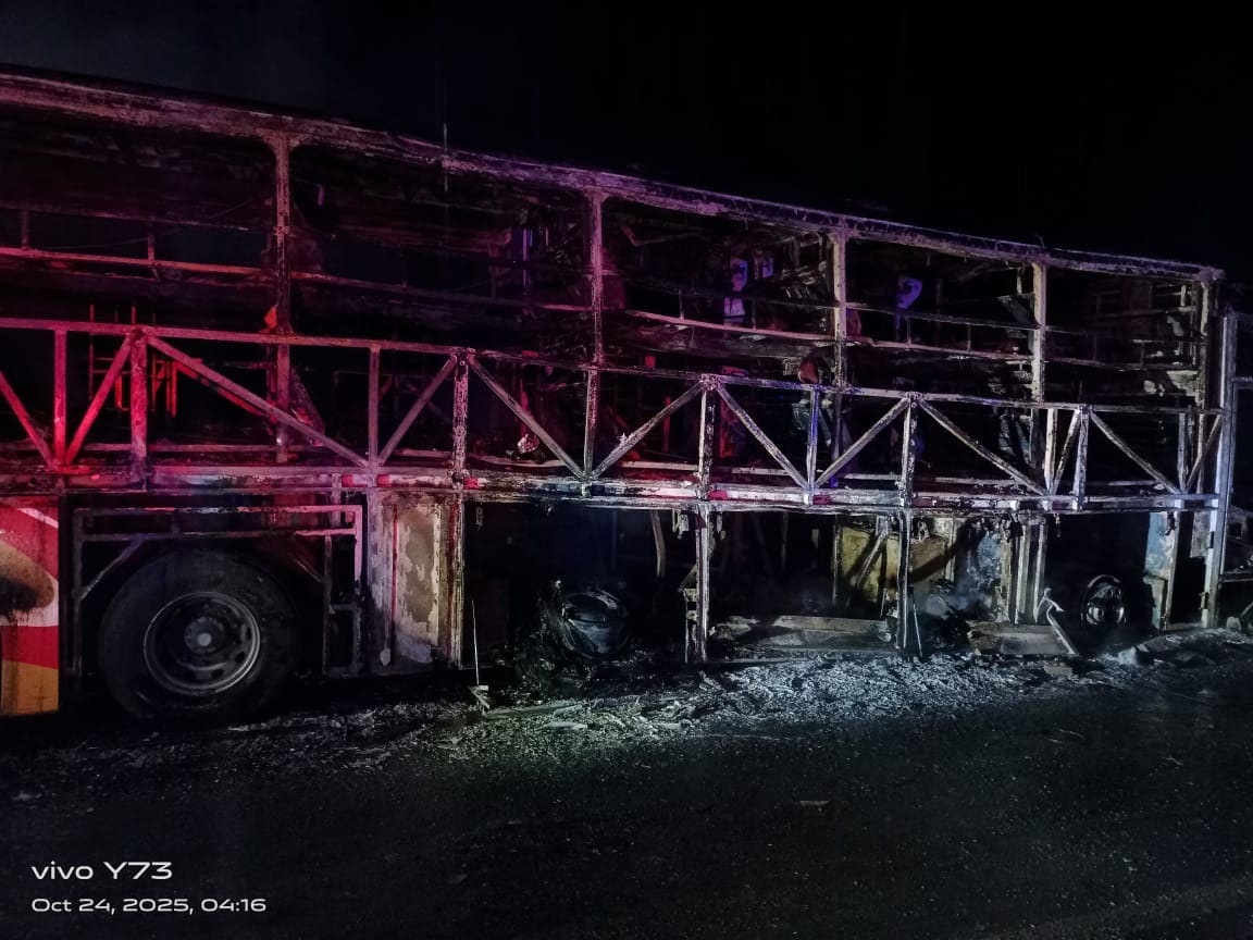 The visuals from the ground show the charred bus. The visuals from the ground show the charred bus.