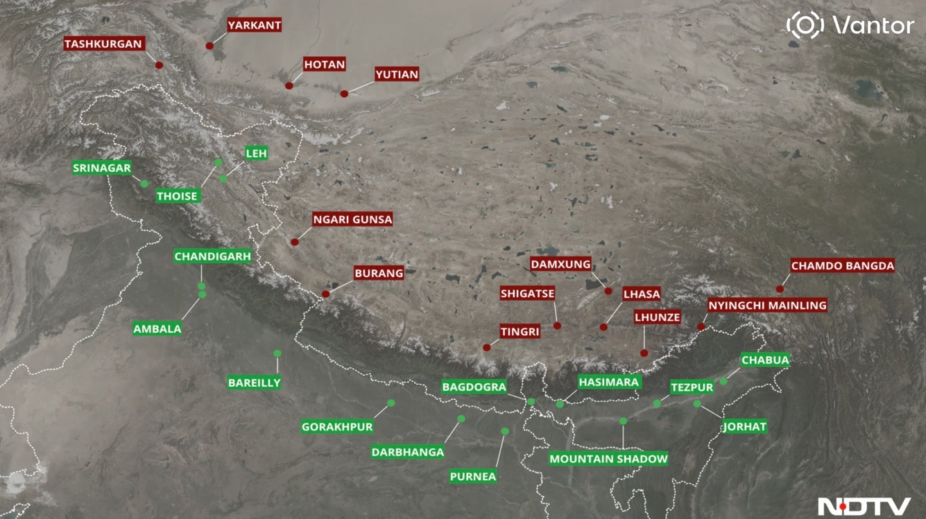 Map showing all key Indian and Chinese air bases across the Himalayan frontier Map showing all key Indian and Chinese air bases across the Himalayan frontier