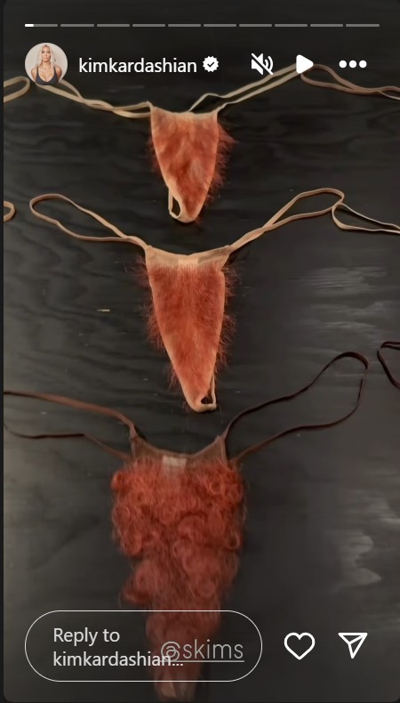 A screenshot from Kim Kardashians Instagram Story showing the Faux Hair Panty samples. A screenshot from Kim Kardashians Instagram Story showing the Faux Hair Panty samples.