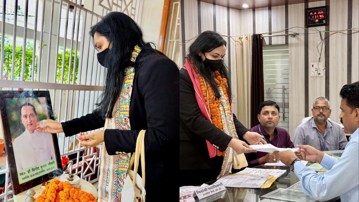 Pushpam Priya before a portrait of her father (L); she files her nomination (R) Pushpam Priya before a portrait of her father (L); she files her nomination (R)