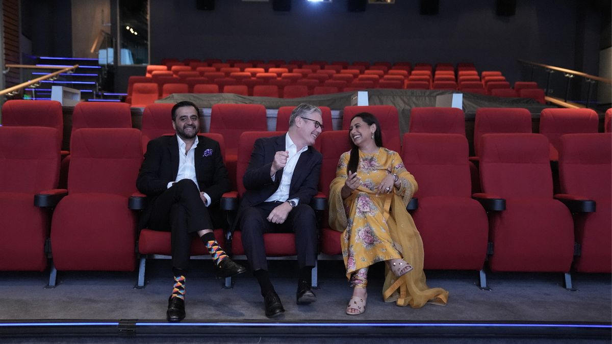 Yash Raj Films CEO Akshaye Widhani, UK Prime Minister Keir Starmer and Bollywood star Rani Mukerji during a screening at Yash Raj Films studio. (Photo: AFP) Yash Raj Films CEO Akshaye Widhani, UK Prime Minister Keir Starmer and Bollywood star Rani Mukerji during a screening at Yash Raj Films studio. (Photo: AFP)