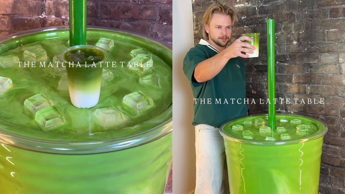 Artist Creates Life-Size Matcha Latte Table That Looks Good Enough To Drink