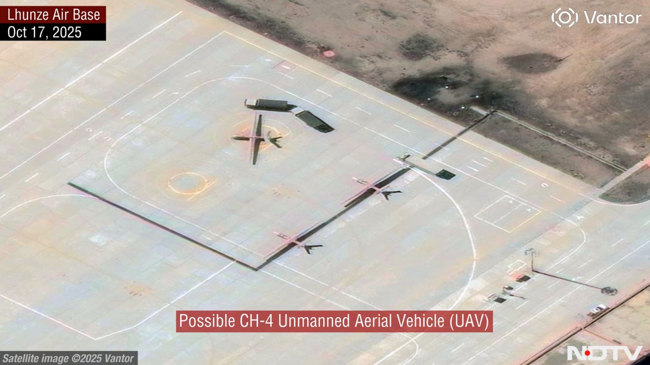 October 17, 2025 image of Lhunze air base shows three possible CH-4 drones on the tarmac October 17, 2025 image of Lhunze air base shows three possible CH-4 drones on the tarmac