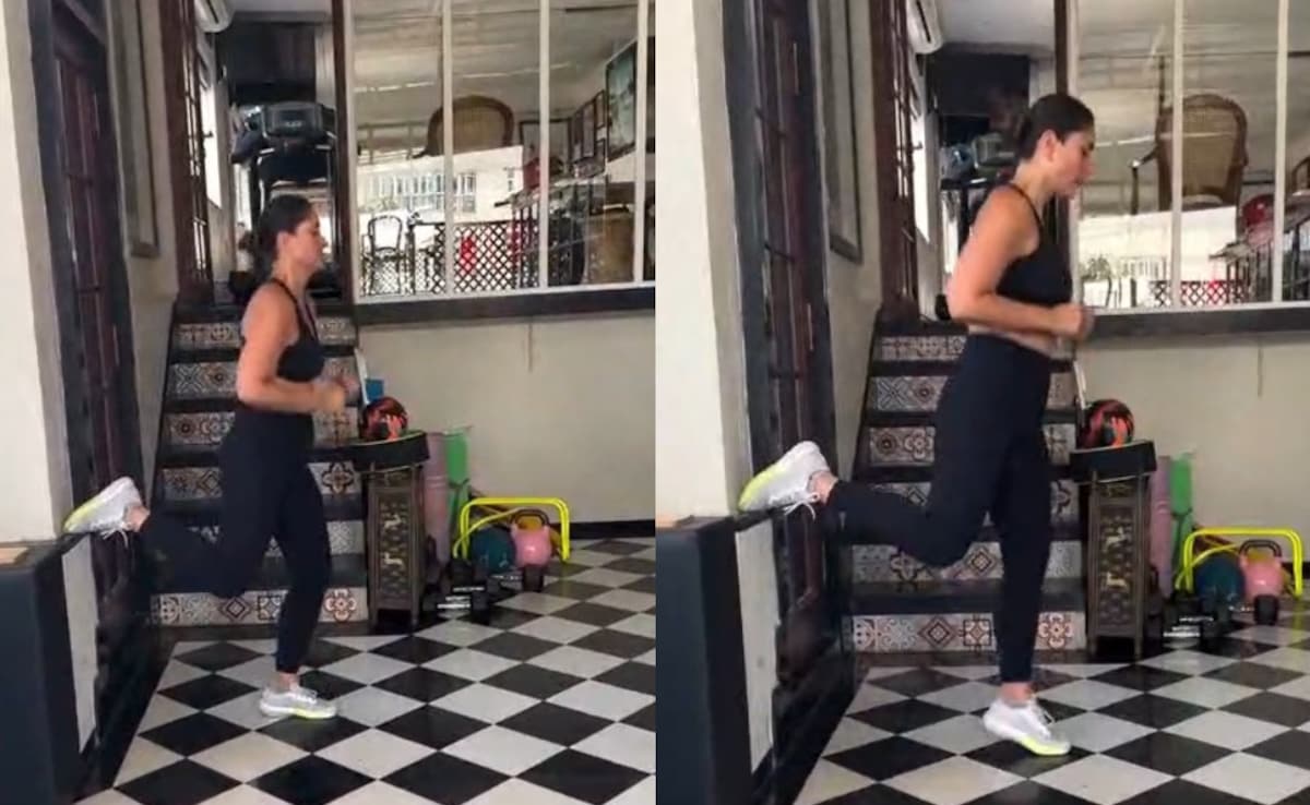 Kareena Kapoor doing single leg jumps. Photo: Instagram/maheshfitnessclub Kareena Kapoor doing single leg jumps. Photo: Instagram/maheshfitnessclub