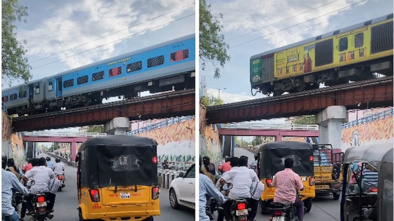 कहीं पीला ना कर दे गीला... ऊपर ब्रिज पर चल रही थी ट्रेन, नीचे सड़क पर रुक गया पूरा ट्रैफिक