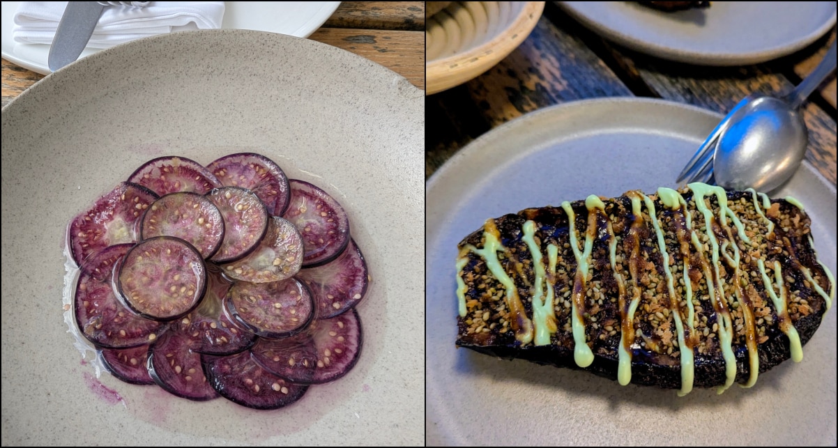 The eggplant steak (R) is a winner. Photos: Author The eggplant steak (R) is a winner. Photos: Author