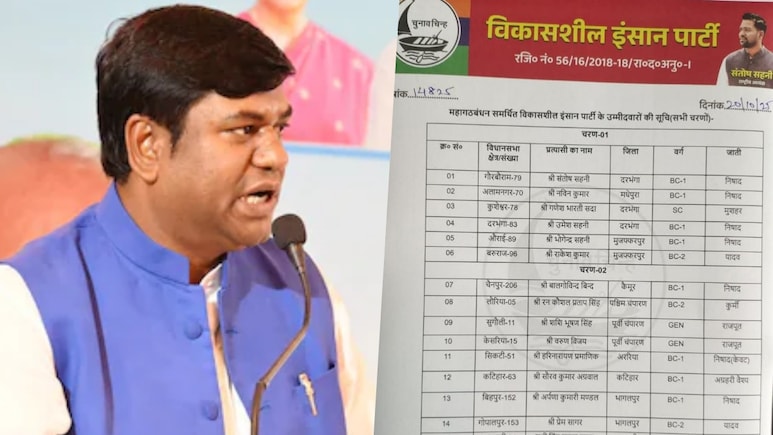 मुकेश सहनी की VIP के 15 उम्मीदवारों का ऐलान, 2 सीटों पर RJD से 'मुकाबला', जानें कौन कहां से मैदान में मुकेश सहनी की VIP के 15 उम्मीदवारों का ऐलान, 2 सीटों पर RJD से 'मुकाबला', जानें कौन कहां से मैदान में