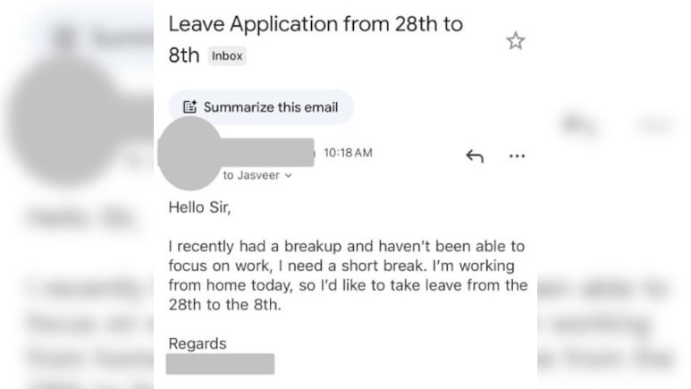 ब्रेकअप हुआ है, काम नहीं कर पा रहा... कर्मचारी ने मांगी छुट्टी, ईमेल पढ़ CEO ने जो कहा, आप सोच भी नहीं सकते ब्रेकअप हुआ है, काम नहीं कर पा रहा... कर्मचारी ने मांगी छुट्टी, ईमेल पढ़ CEO ने जो कहा, आप सोच भी नहीं सकते