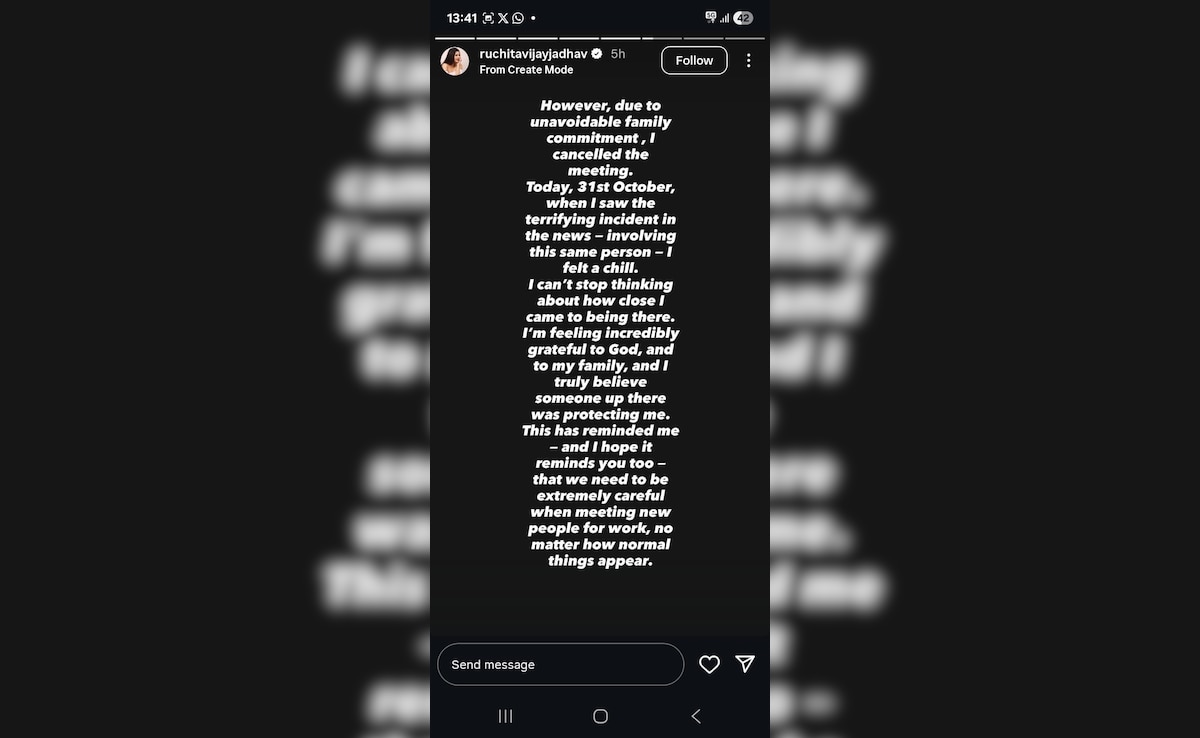 The message on Instagram by Mumbai actor Ruchita Jadhav. Credit: @ruchitavijayjadhav The message on Instagram by Mumbai actor Ruchita Jadhav. Credit: @ruchitavijayjadhav