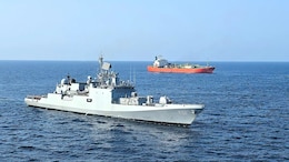 Pics: INS Trikand Carries Out Firefighting Operation Off Djibouti Coast