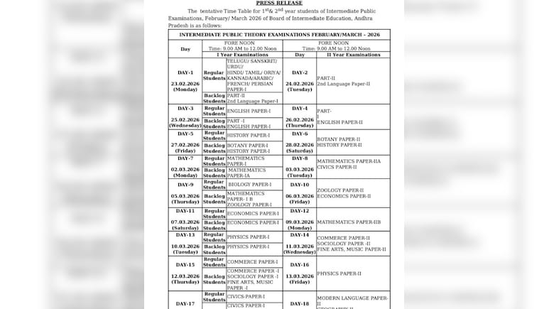 Andhra Pradesh Inter Public Exam 2026: Tentative Time Table Released For Class 11, 12 Check Complete Schedule Here