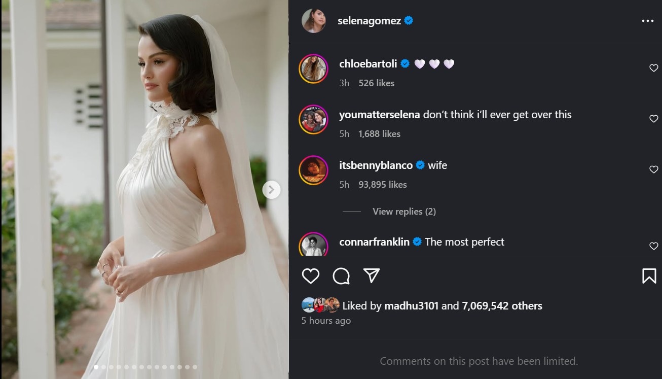 A screenshot of Benny Blancos comment on Selena Gomezs Instagram post. A screenshot of Benny Blancos comment on Selena Gomezs Instagram post.