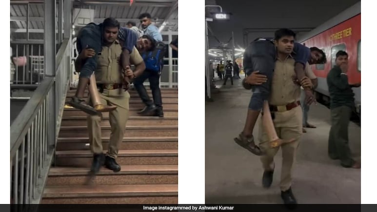 Watch: UP Police Officer Carries Man With Disability On Shoulders At Train Station, Wins Hearts Watch: UP Police Officer Carries Man With Disability On Shoulders At Train Station, Wins Hearts
