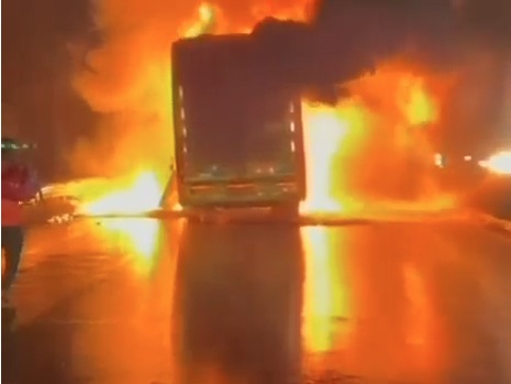 Private Bus With 40 People Onboard Catches Fire After Hitting Bike In Andhra