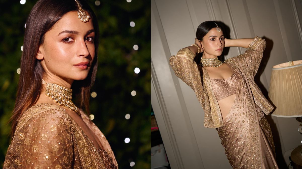 Alia Bhatt Channels Vintage Glamour In Ritu Kumar's Rose-Gold Archival Saree For Diwali