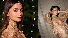 Alia Bhatt Channels Vintage Glamour In Ritu Kumar's Rose-Gold Archival Saree For Diwali