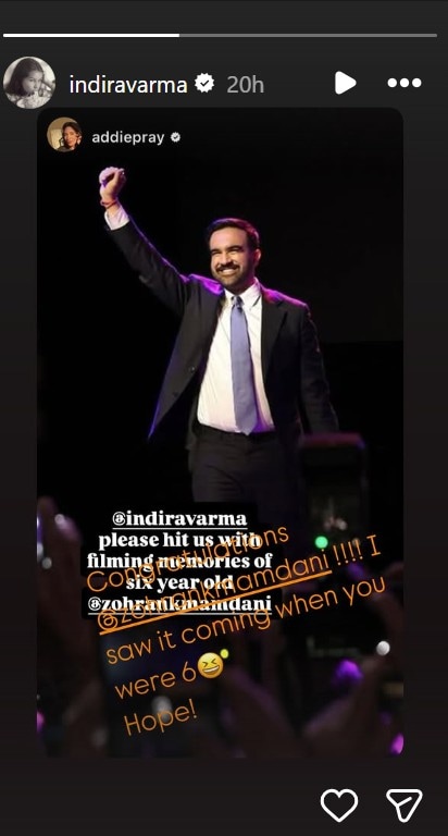 A screenshot of Indira Vermas Instagram Story congratulating Zohran Mamdani. A screenshot of Indira Vermas Instagram Story congratulating Zohran Mamdani.