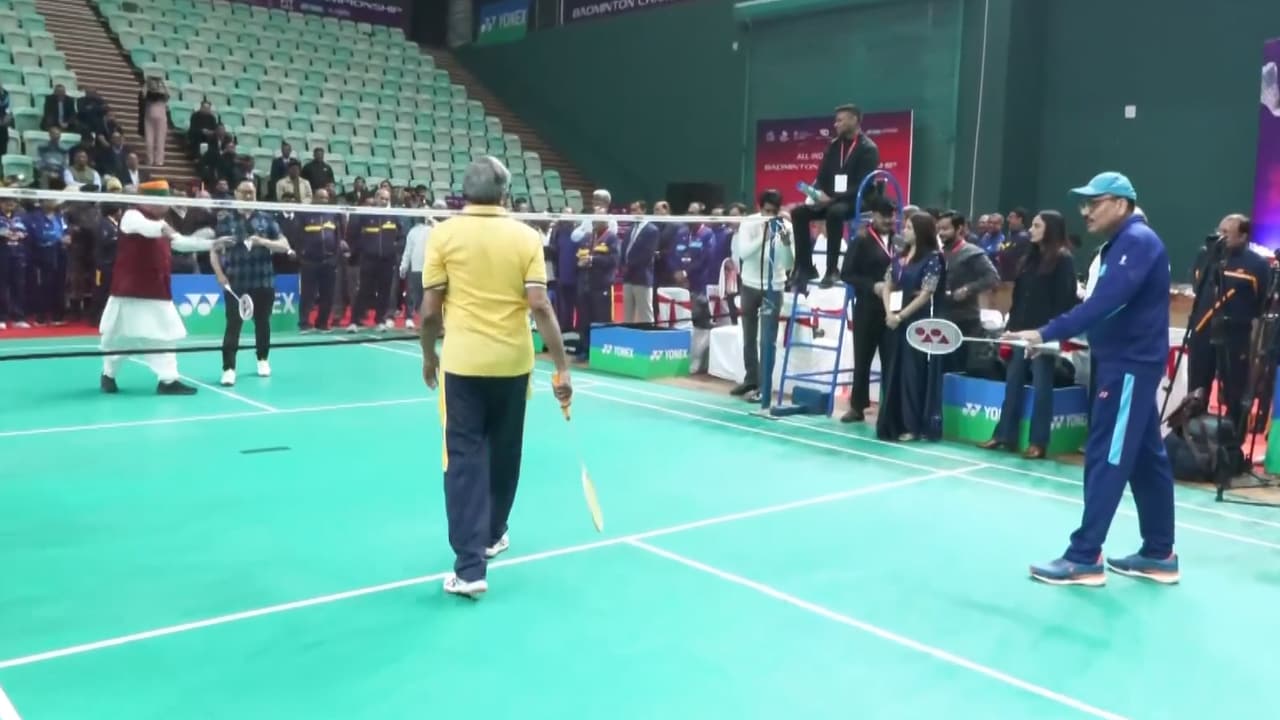CJI Surya Kant, Kiren Rijiju, Arjun Ram Meghwal Play Badminton At Thyagraj Stadium