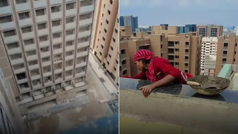 ऊंची इमारत पर लटकी मां, छोटा बच्चे ने व्लॉग में दिखाया, परिवार का पेट पालने के लिए खतरनाक काम करती दिखी महिला