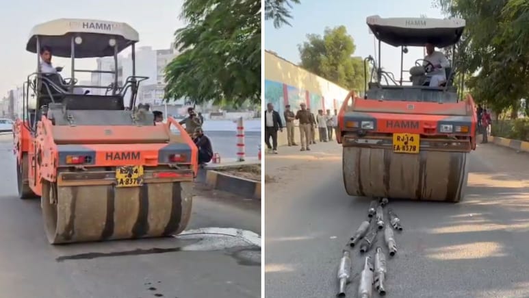 जयपुर में पुलिस का बुलडोजर एक्शन, उत्पात मचाने वाली 140 बुलेट बाइक जब्त; साइलेंसर को किया चकनाचूर