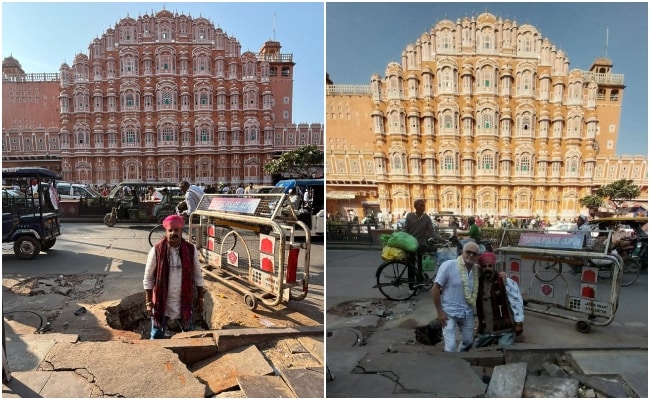 जयपुर: 'सेल्फी प्वाइंट' बना हवामहल के सामने का गड्ढा, तस्वीरें वायरल होते ही हरकत में आया नगर निगम