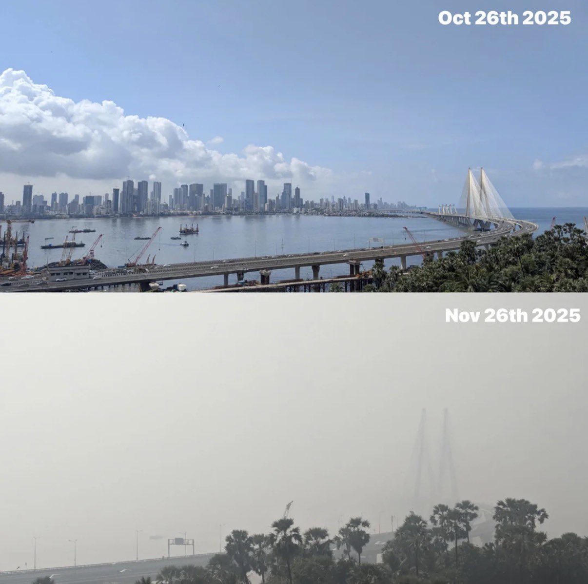 Mumbai's Bandra-Worli Sea Link Vanishes In Smog: Check Before-After Photo