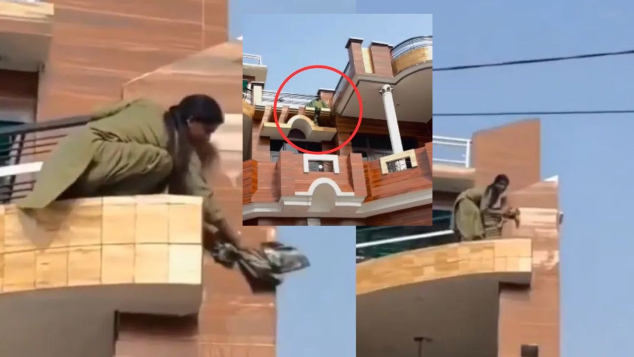 अरे दीदी, दिवाली अगले साल है...स्पाइडर मैन की तरह बालकनी से लटककर महिला ने की ताबड़तोड़ सफाई