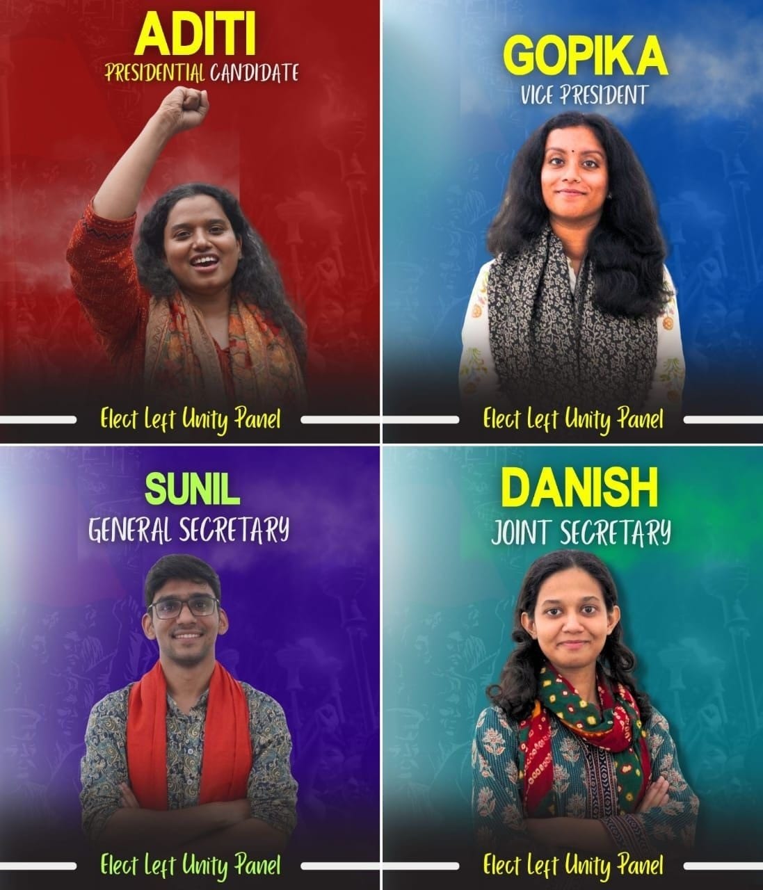 जेएनयू छात्रसंघ चुनाव जीतने वाले चारों उम्मीदवार. जेएनयू छात्रसंघ चुनाव जीतने वाले चारों उम्मीदवार.