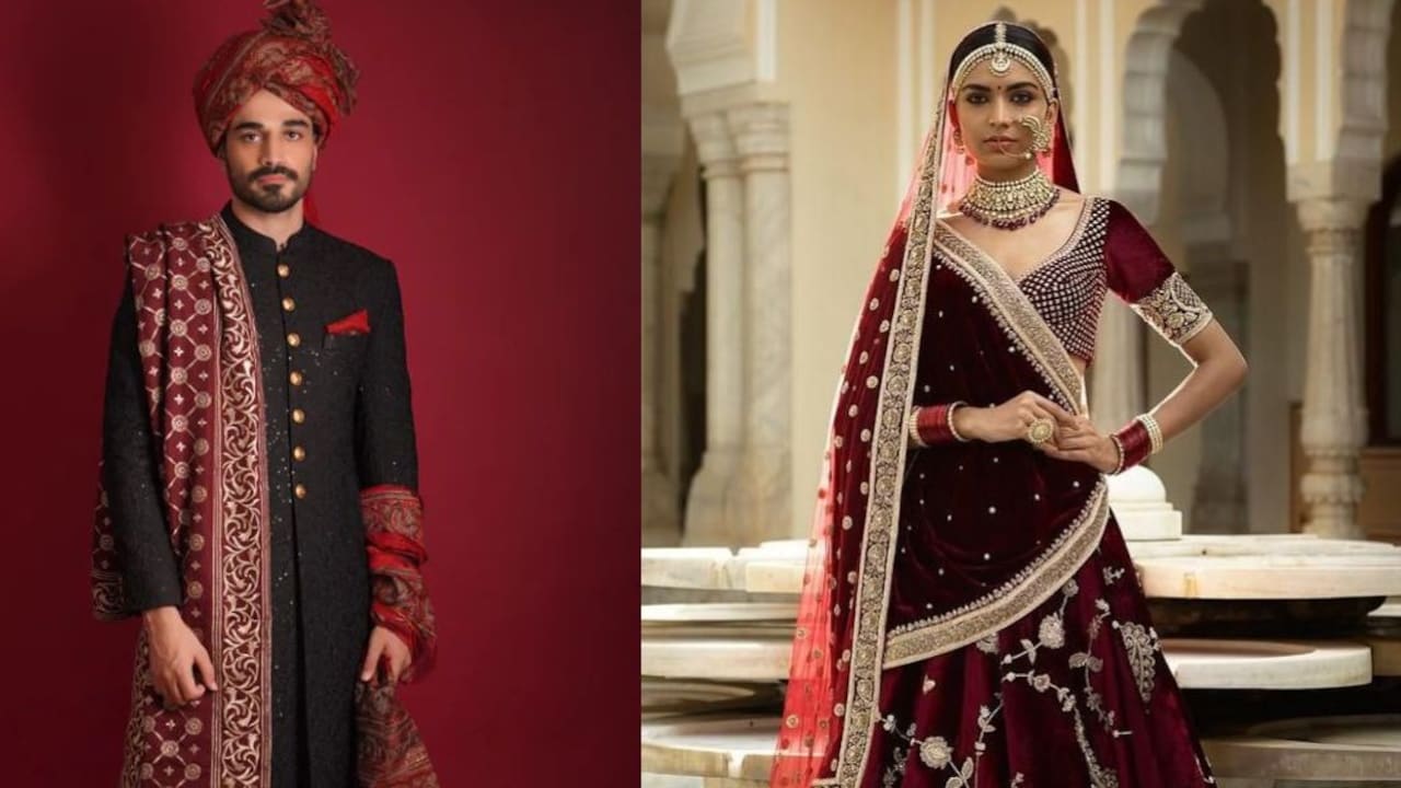 Get coordinated maroon bridal lehenga and groom sherwani for an elegant wedding look Get coordinated maroon bridal lehenga and groom sherwani for an elegant wedding look