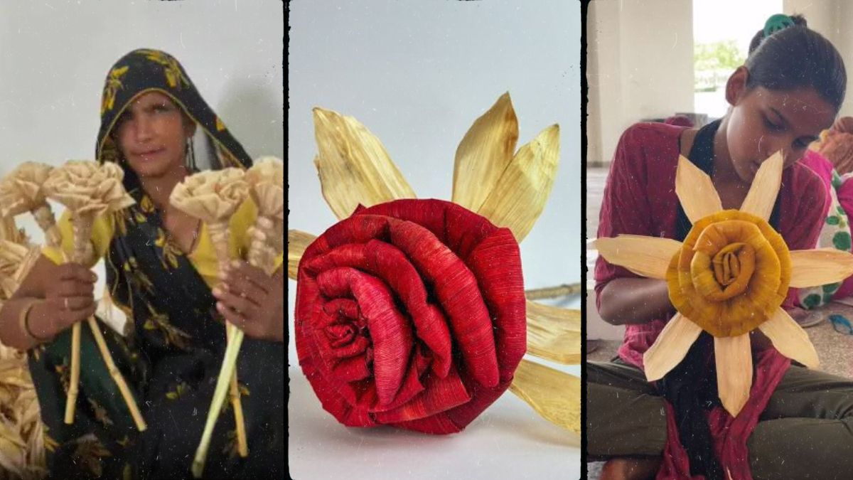 भुट्टे के छिलकों से बने ऐसे गजब के फूल कि लोग देखते ही रह गए,महिलाओं का टैलेंट देख लोग बोले-हम तो फेंक देते थे