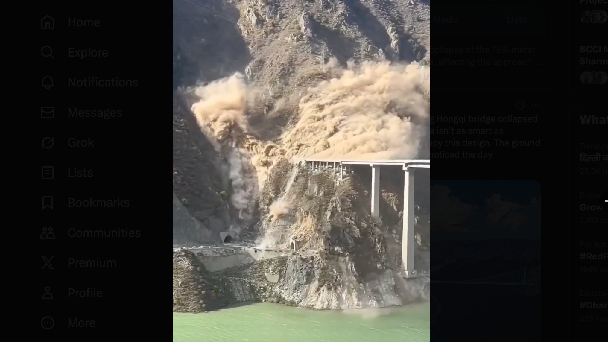 Hongqi Bridge In China's Sichuan Partially Collapses Due To Landslide, Massive Dust Cloud Caught On Camera